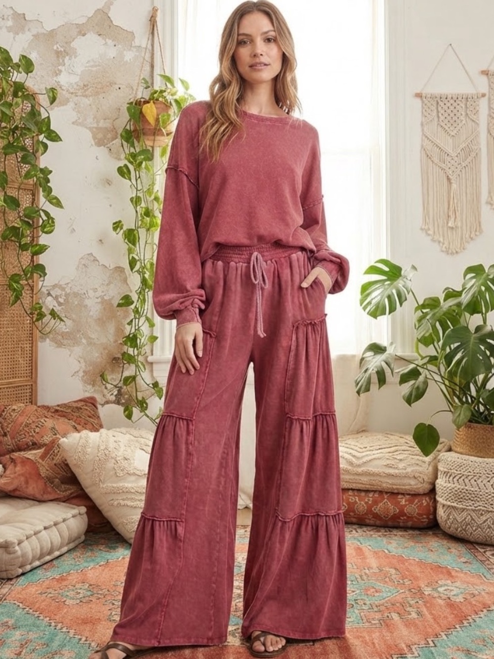 💕Coming Soon! Wide-Leg Boho Red Tiered Pants